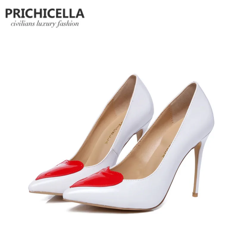 Белые туфли PRICHICELLA из натуральной кожи на тонком высоком каблуке с красным
