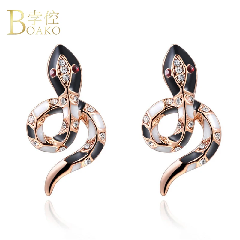 BOAKO Trendy Stud Earrings for Women Rose Gold Black Snake Female Fashion Jewelry Personality boucle d'oreille Z4 | Украшения и