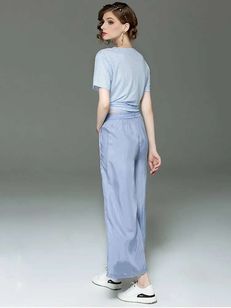 High Quality Women 2019 Summer New Short Sleeved Shirt + Wide Leg Pants Suit Two-piece Casual Fashion Elegant Ladies Sets L209