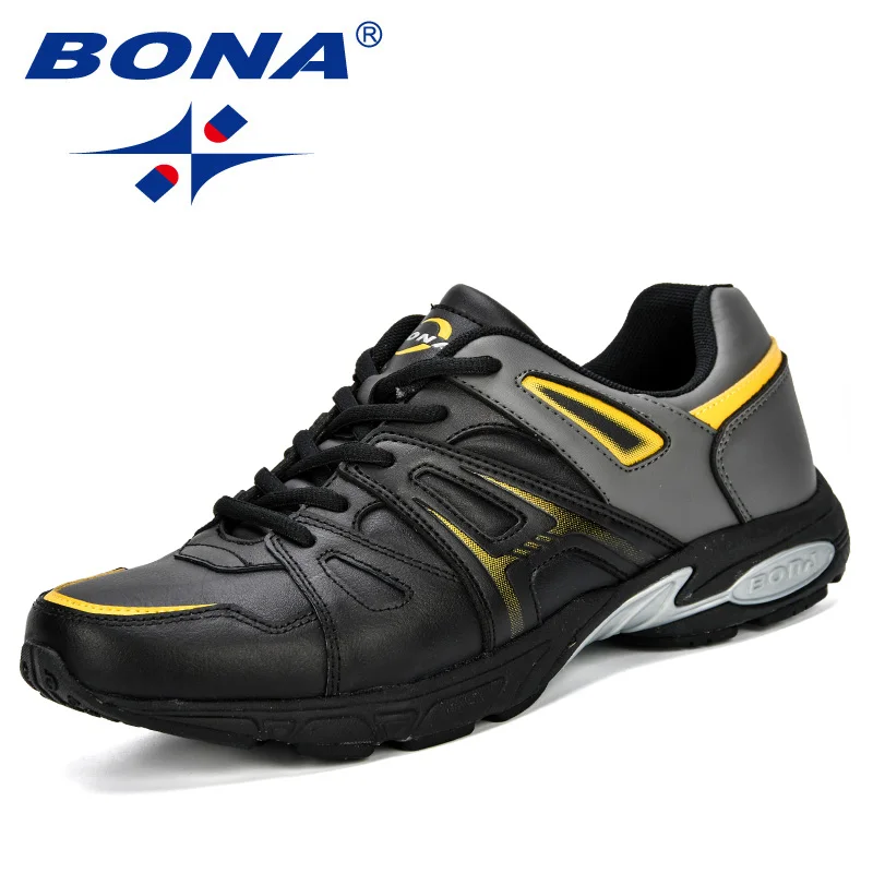 Black dark grey BONA/Легкая уличная спортивная обувь; мужские кроссовки; удобные беговые кожаные кроссовки для тенниса; мужские кроссовки для бега; удобные мужские кроссовки - Цвет: Black dark grey