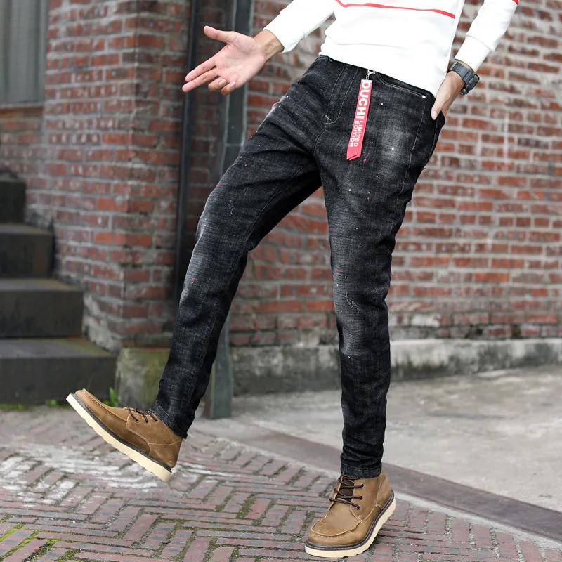2019 мужские рваные джинсы индивидуальные Стрейчевые облегающие брюки с рисунком