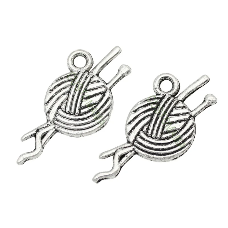 100pcs вязание амулеты античный серебряный шар из шерсти и игл Шарм Кулон 25x12мм|charms