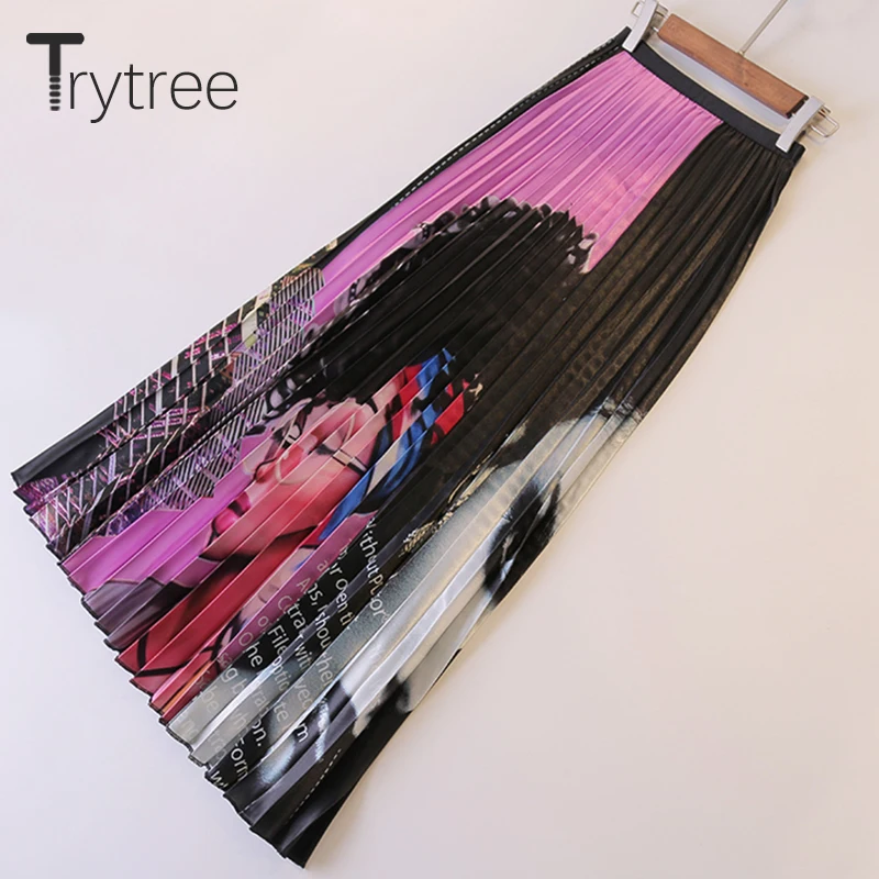 Trytree/Летняя и осенняя Женская гофрирующая юбка с принтом с персонажами юбка до середины икры юбка с эластичной резинкой на талии трапециевидная полиэфирная юбка женская