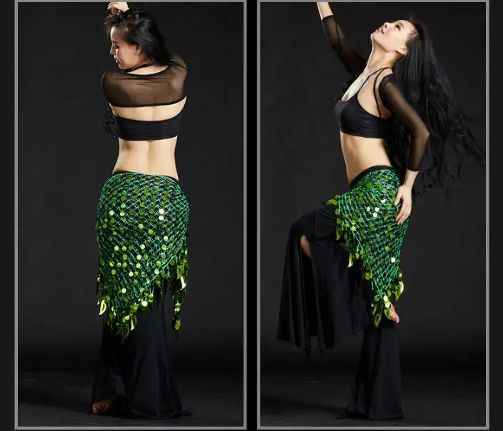 Танец живота Костюм Bling Sequine хип шарф Племенной Бахрома Кисточкой обёрточная бумага пояс сплошной цвет Красный Серебряный Золотой