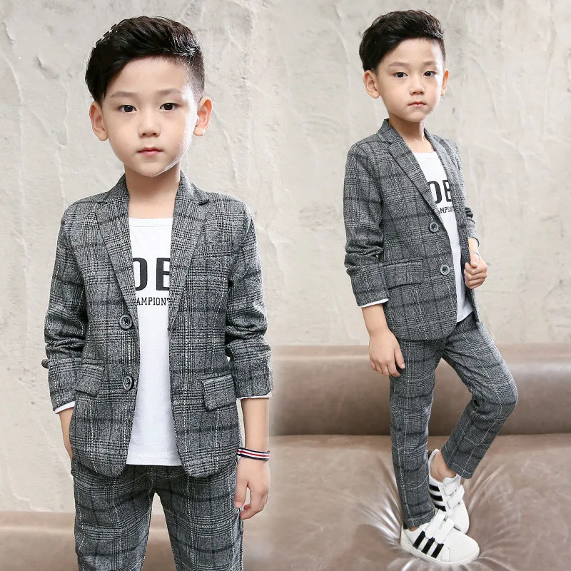 

2 PCS Boy Plaid Clothing Set Blazer + Pants Suit Children's Leisure Outfit