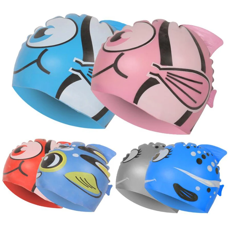 

New Kids Children Waterproof Swim Cap Cartoon Animal Swimming Pool Beach Silicone Caps Hat Protect Ears Long Hair For Boys Girls