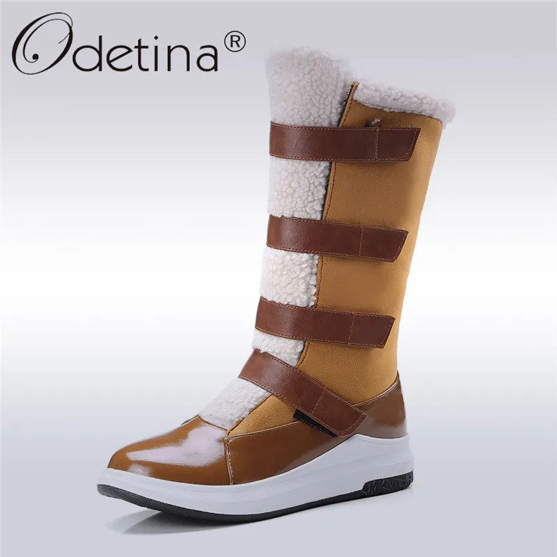 Женские сапоги на платформе odeina зимние теплые до середины икры плоской подошве с