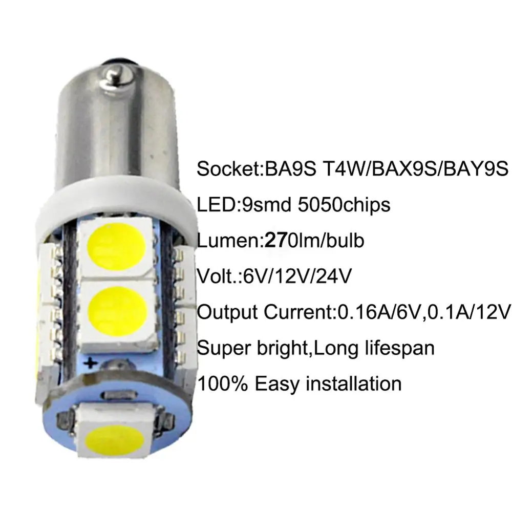 2x Нет Полярный 270lm автомобиля интерьер лампы BA9S T4W BAX9S BAY9S 5050 9 SMD 6 12 V 24 супер яркий