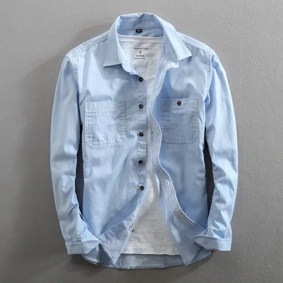 light blue Мужская коллекция весна и осень, модная брендовая Корейская стильная винтажная приталенная джинсовая рубашка с длинным рукавом, мужские повседневные Синие Серые тонкие рубашки - Цвет: light blue