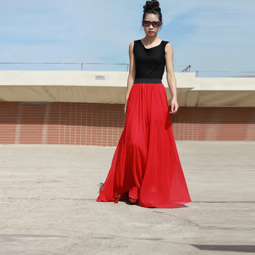 Красная длинная юбка-макси с эластичной талией трапециевидная шифоновая юбка до