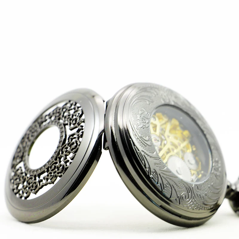 Black Mesh Relief Skeleton Mechanical Pocket Watch Retro Steampunk Gentleman Style Men's and Women's Necklaces Pendant Clock