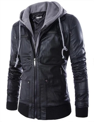 

Spring Autumn Mens Hooded Leather Jacket Casual Fake Two Pieces PU Zipper Coat Slim Warm Double Collar Motorcycle Coat