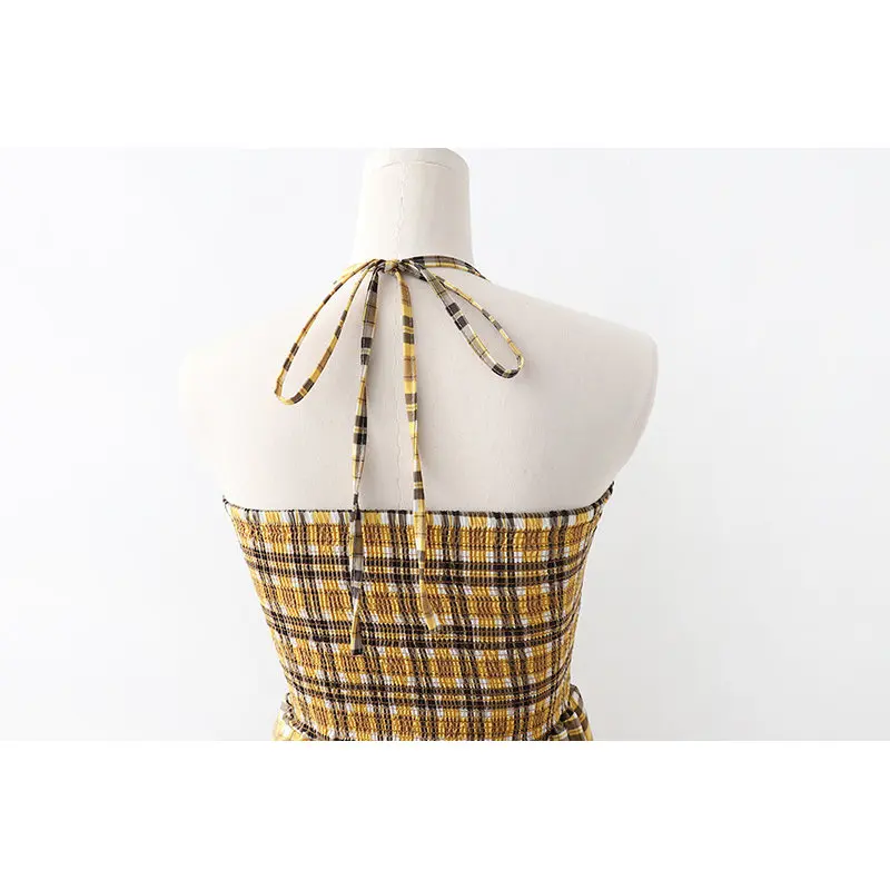 new 2019 plaid women dress spaghetti strap sleeveless a line long dresses summer yellow fashion party maxi chic ladies vestidos | Женская