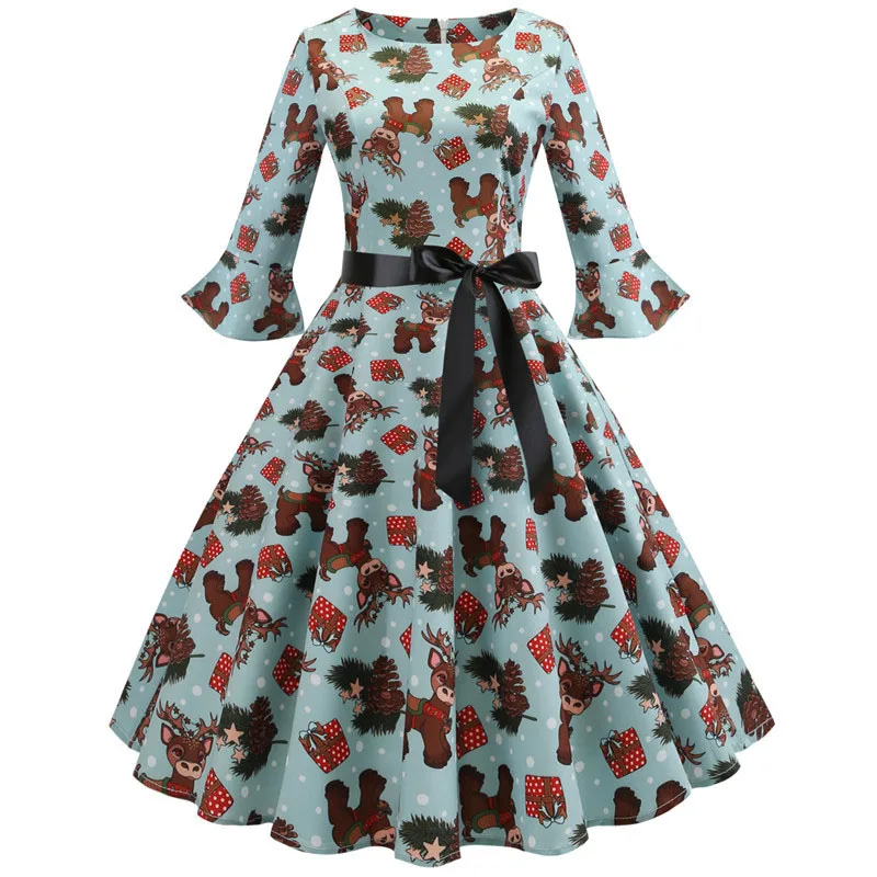 D002 half Sleeve Винтажное рождественское платье с принтом, женское элегантное вечернее платье с рукавом-лепестком, одежда для девушек, повседневное зимнее платье миди размера плюс - Цвет: D002 half Sleeve