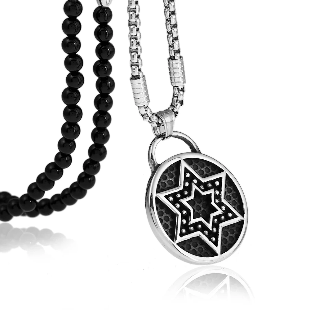 Men Star of David Hexagram Stainless Steel Pendant Necklace With Black Natural Stone Chain 26&quot | Украшения и аксессуары