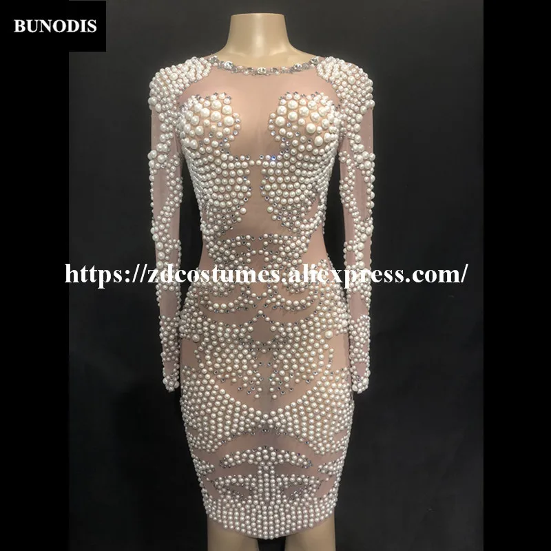 ZD240 Women Sexy Skirt Net Yarn Sparkling Crystals White Pearls Nightclub Party Birthday Bling Clothing Stage Wear Costumes