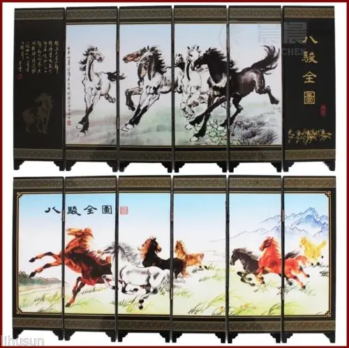 Технические восемь лошадей деревянный лаковый складной экран из шести