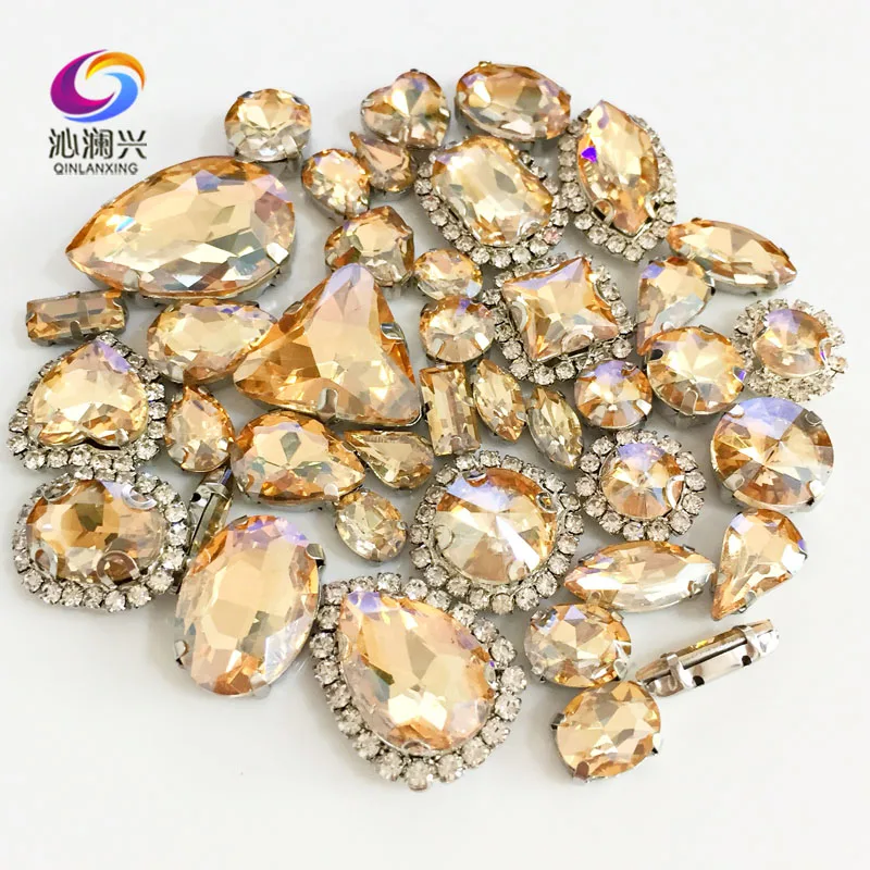 

Golden champagne Mix size Crystal buckle+claw rhinestone,Silver base galss sew on stones diy/Clothing accessories 50pcs/pack