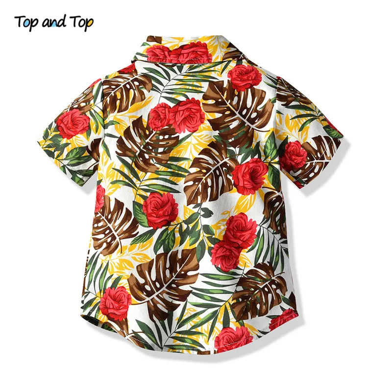 Top and Hawaiian Boy Summer Clothing Set 2019 Kids Short Sleeve Floral Bowtie Shirt+White Shorts 2Pcs Suit Children |