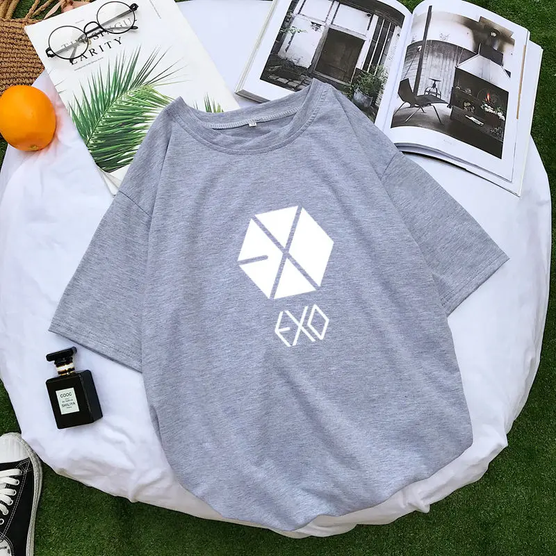 Серый EXO Kpop футболка с коротким рукавом женская летняя новая Корейская хлопковая Футболка Femme Повседневная Уличная Tumblr Harajuku топы Camisas Mujer - Цвет: Серый