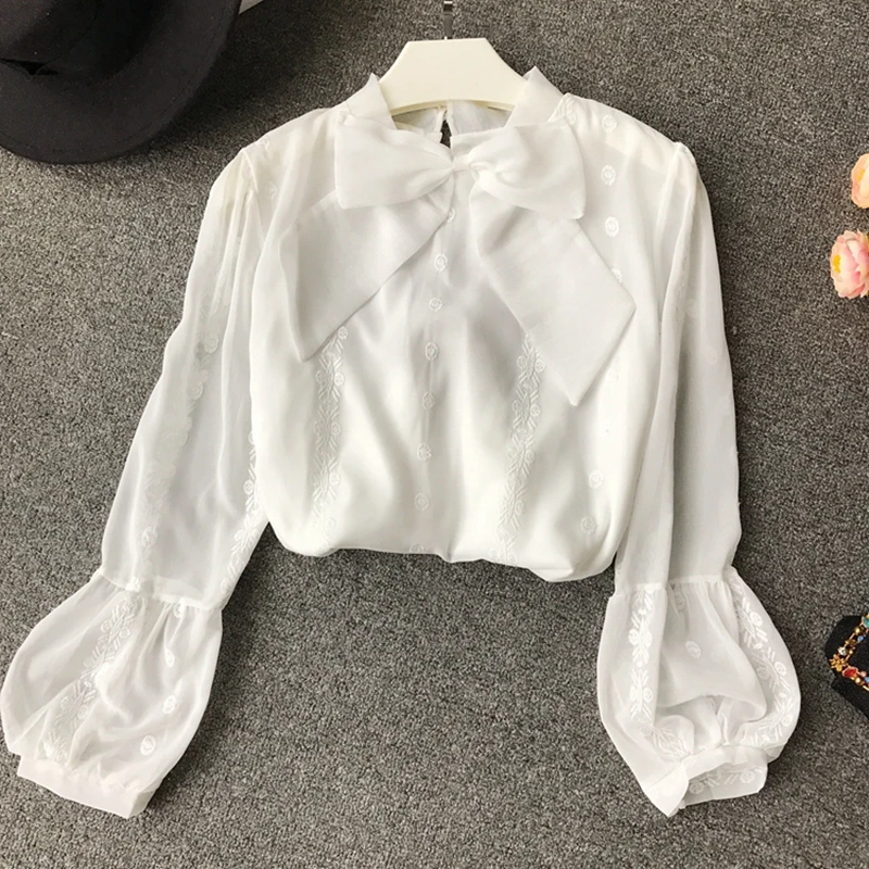 Женская шифоновая блузка с длинным рукавом элегантная офисная белая бантом и