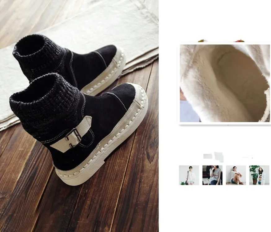 Black With velvet HUIFENGAZURRCS/горячая распродажа; новые удобные кожаные ботинки ручной работы из воловьей кожи; женские ботинки ручной работы с верхним слоем из натуральной кожи - Цвет: Black With velvet