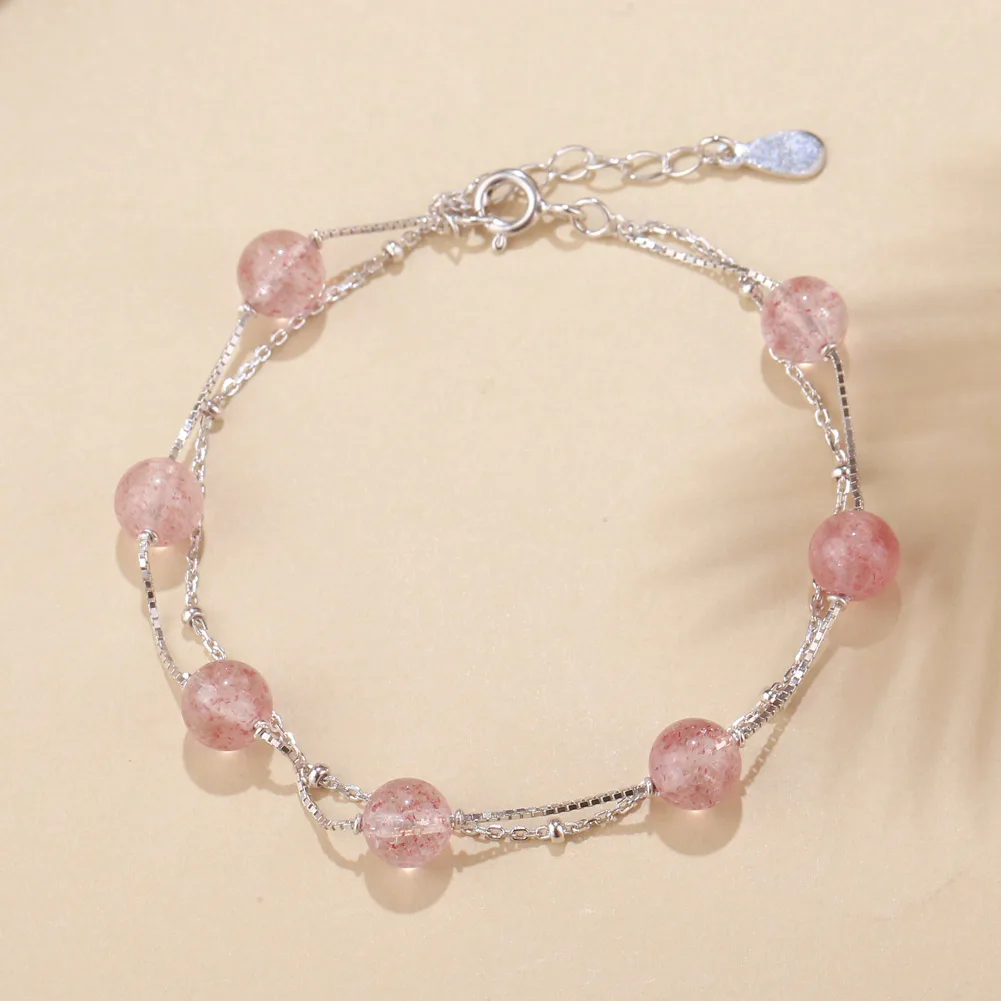Strawberry Crystal SA SILVERAGE, 925 пробы, серебряный, клубничный кристалл, цепочка, браслеты, браслеты для женщин, два слоя, круглый шар, обёрточная бумага, браслеты - Цвет камня: Strawberry Crystal