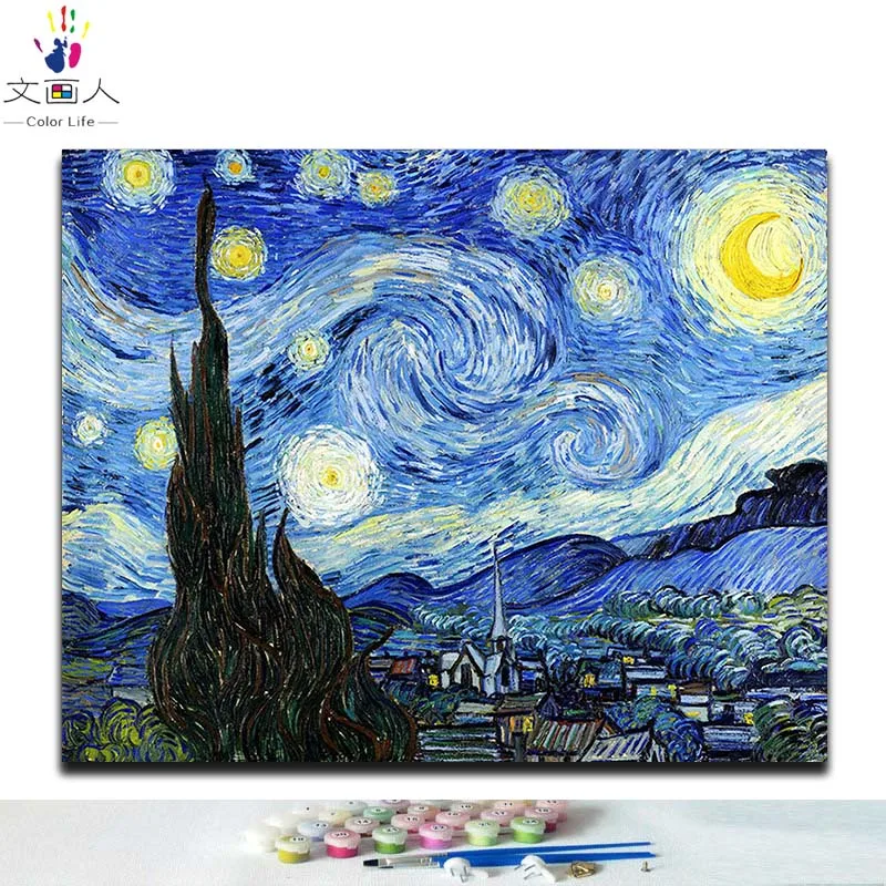 3329 Starry Night 1 Картина «сделай сам» по номерам картины Винсента Ван Гога «Звездная ночь» Абстрактные Художественные картины по номерам с рамкой - Цвет: 3329 Starry Night 1