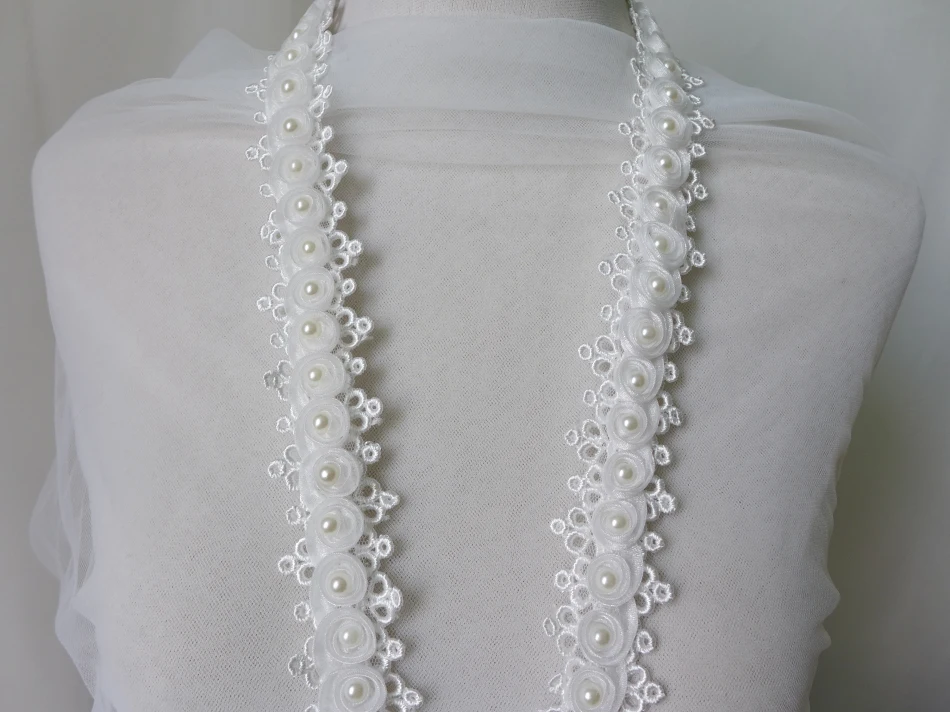 

3 Yards Narrow Beaded Lace Trim, Rose Flower Ribbon Lace, Pearl Lace Trim In Ivory White Fashion Design