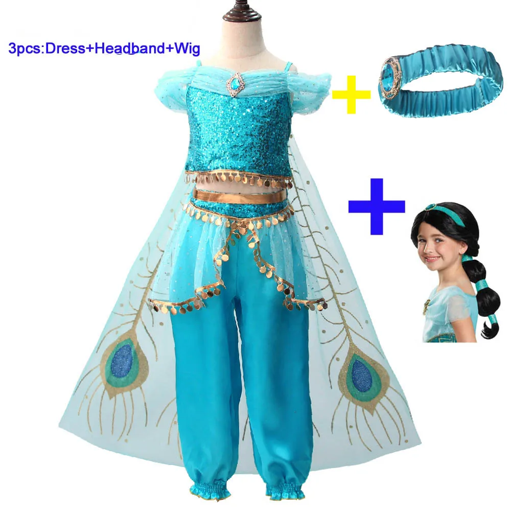 dress Wig Headband Костюмы «Жасмин» для девочек; детское платье; маскарадный костюм «Лампа Аладдина»; маскарадный костюм принцессы; маскарадный костюм на Хэллоуин; комплекты костюмов - Цвет: dress Wig Headband