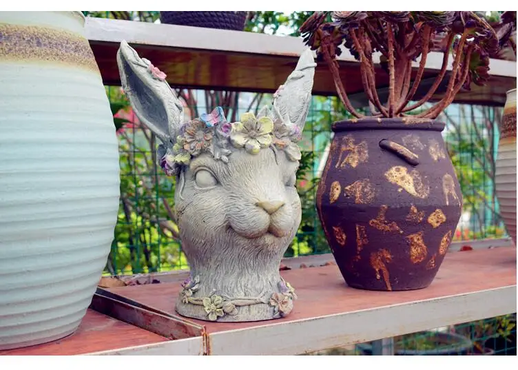 Bobby Rabbit, цветочный горшок из смолы для сада, креативный, голова кролика, посадка, зеленое растение, Цветочная композиция в горшках, открытый сад, сад