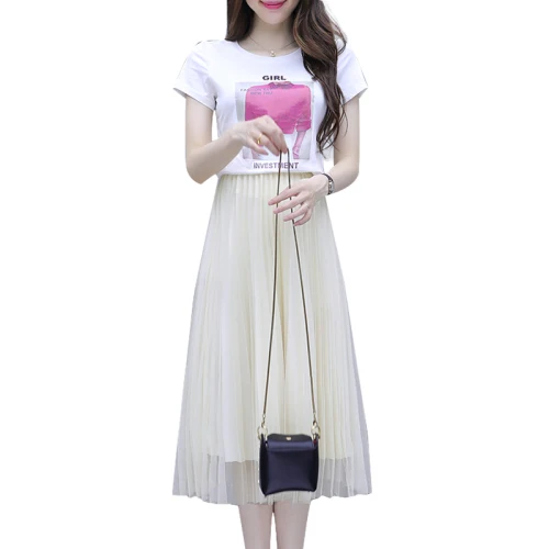 

Loose 2019 A-line Brief Letter Women Clothes Print Mesh High Waist Two Piece Set Vintage Korean Causal 2 Pcs Set