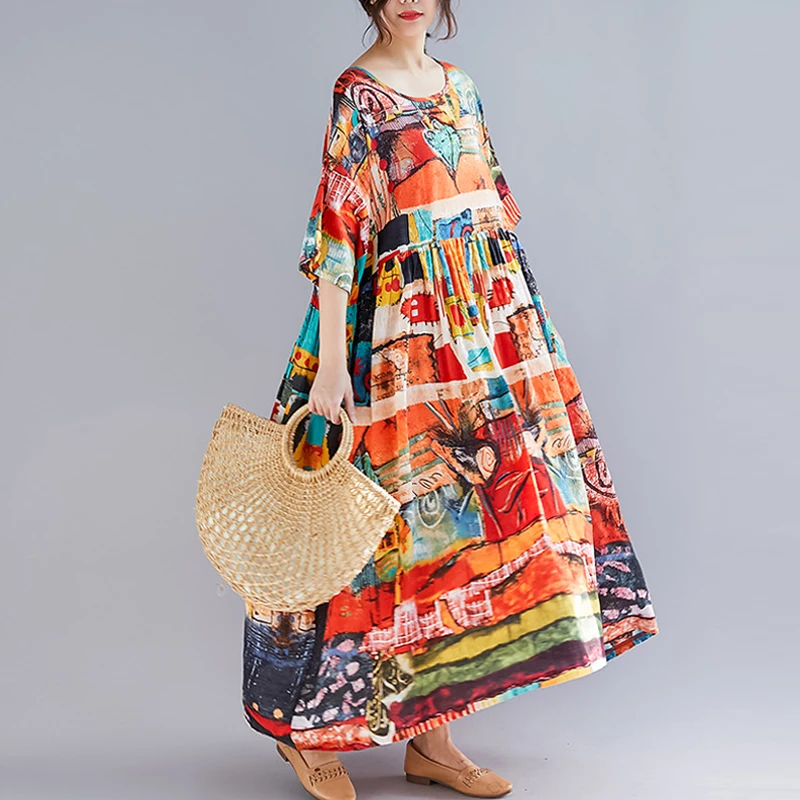 Женский винтажный сарафан в стиле бохо размера плюс летнее свободное платье