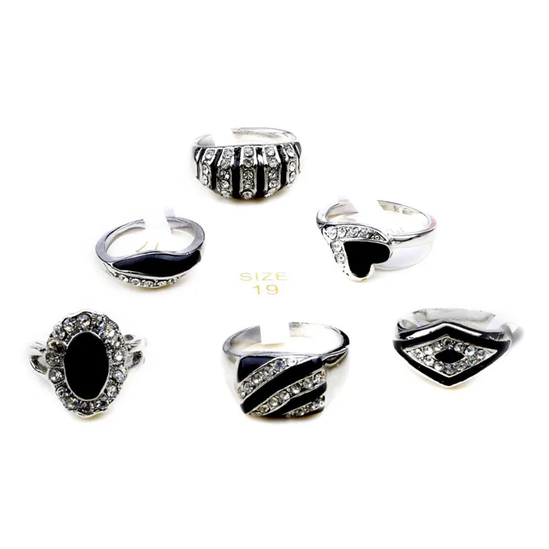 Оптoвaя прoдaжa 5 шт./лот черной эмалью с украшением в виде кристаллов кольцо разных