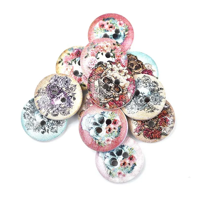 50Pcs 2 Holes Princess Cat Heart Robot Printed Wooden Button Round 15mm Decorative Wood Buttons For Clothing Sewing Decoration