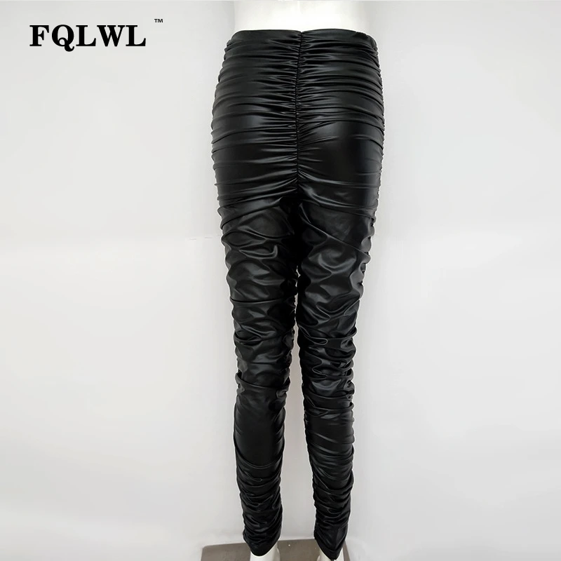 FQLWL, плиссированные, ПВХ, ПУ, искусственная кожа, брюки, женские, сексуальные, черные, длинные, эластичные, тянущиеся, карандаш, брюки, хит, брюки, повседневные, высокая талия, брюки