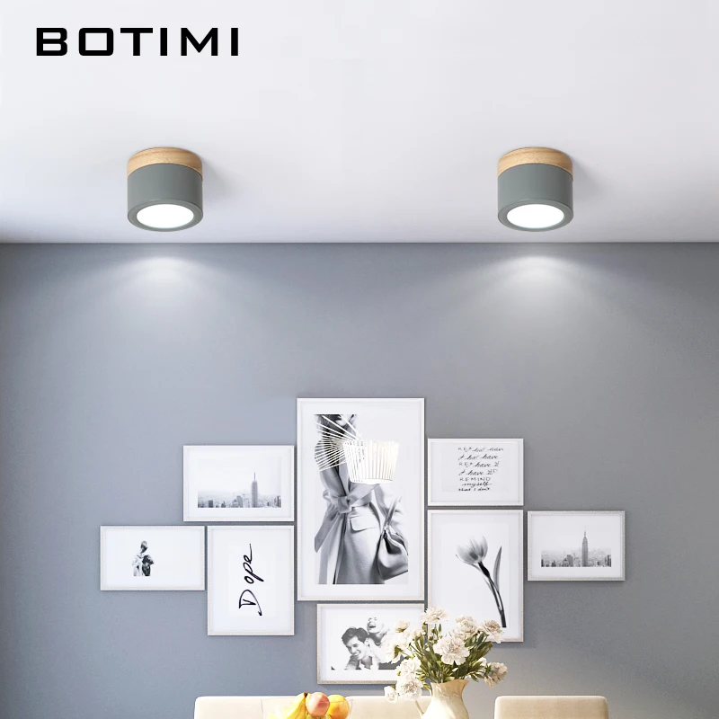 BOTIMI-luces con pantalla de Metal para pasillo, lámpara de techo de madera redonda, iluminación montada en superficie gris, nórdica, 220V