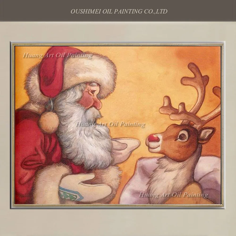

Handmade Father Christmas and Milu Deer on canvas Paintings Hand Painted Modern Landscape Oil Painting Christmas Decor For Room