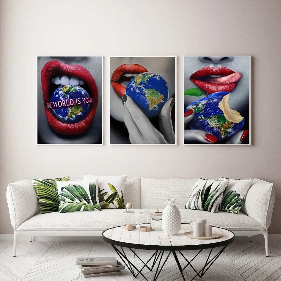 

Canvas Paintings Prints Posters Modern Sexy Red Lips Bite Money Earth Abstract Wall Art Pictures For living room Decor Unframed