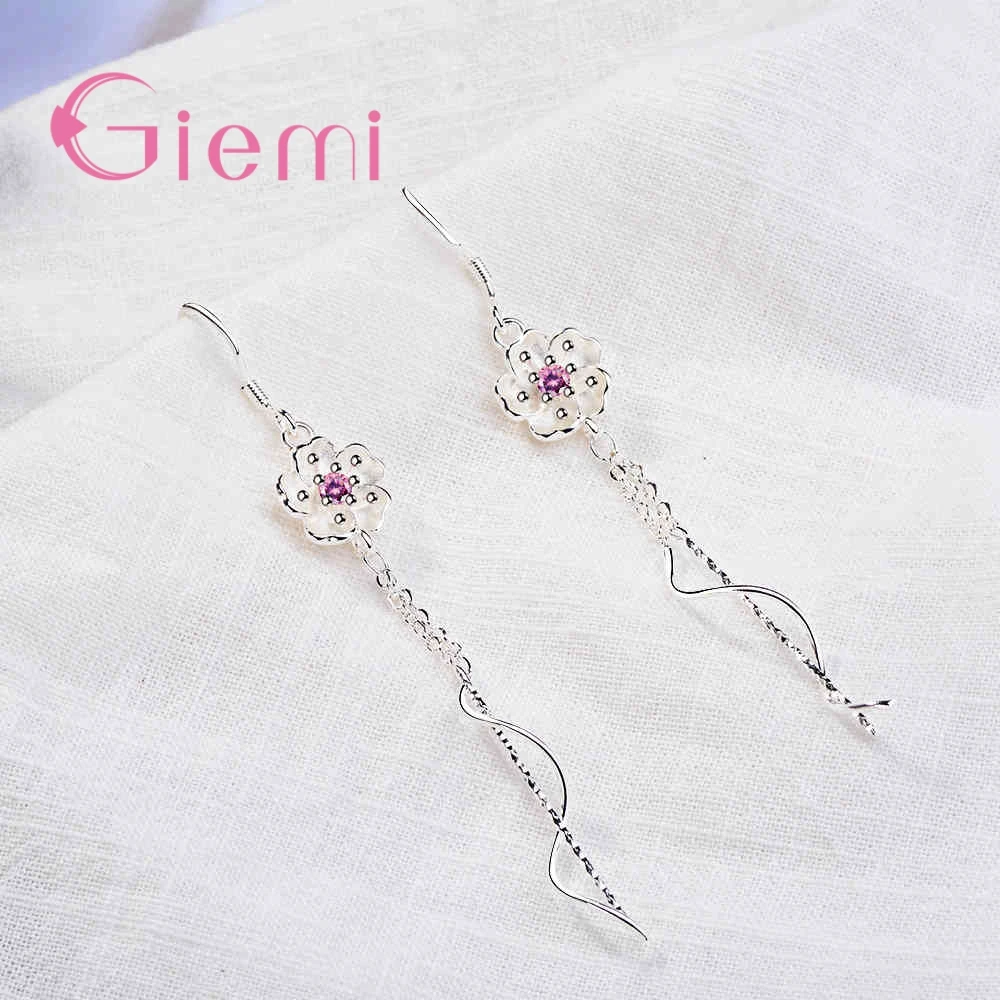 New Arrival Long Earrings 100% 925 Sterling Silver High Quality Pink Cubic Zirconia Pretty Flowers Shape For Women Jewelry | Украшения и
