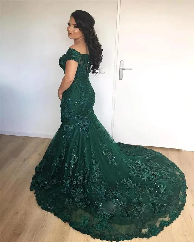 Dark Green AWE0102 Bling Бургундия Вечерние платья Русалка Кружева Аппликация с открытыми плечами Роскошные вечерние платья - Цвет: Dark Green