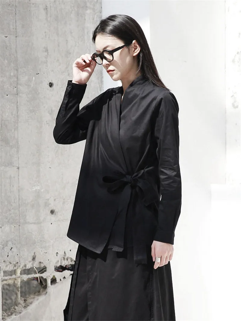 Женская блузка кимоно Cakucool черная с длинным рукавом и поясом в японском стиле на