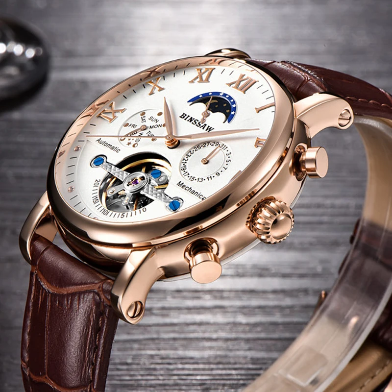 BINSSAW 2018 Новые мужские модные кожаные автоматические механические часы Tourbillon с