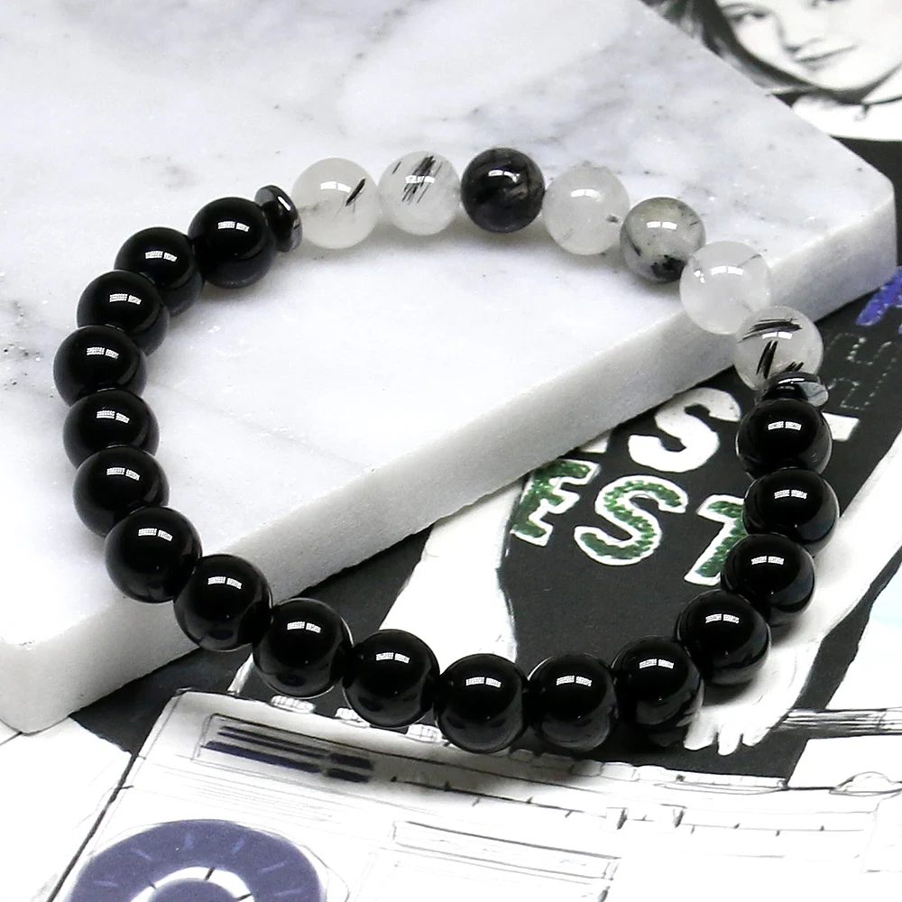 Популярный браслет с бусинами мала для мужчин черный оникс и рутилированный