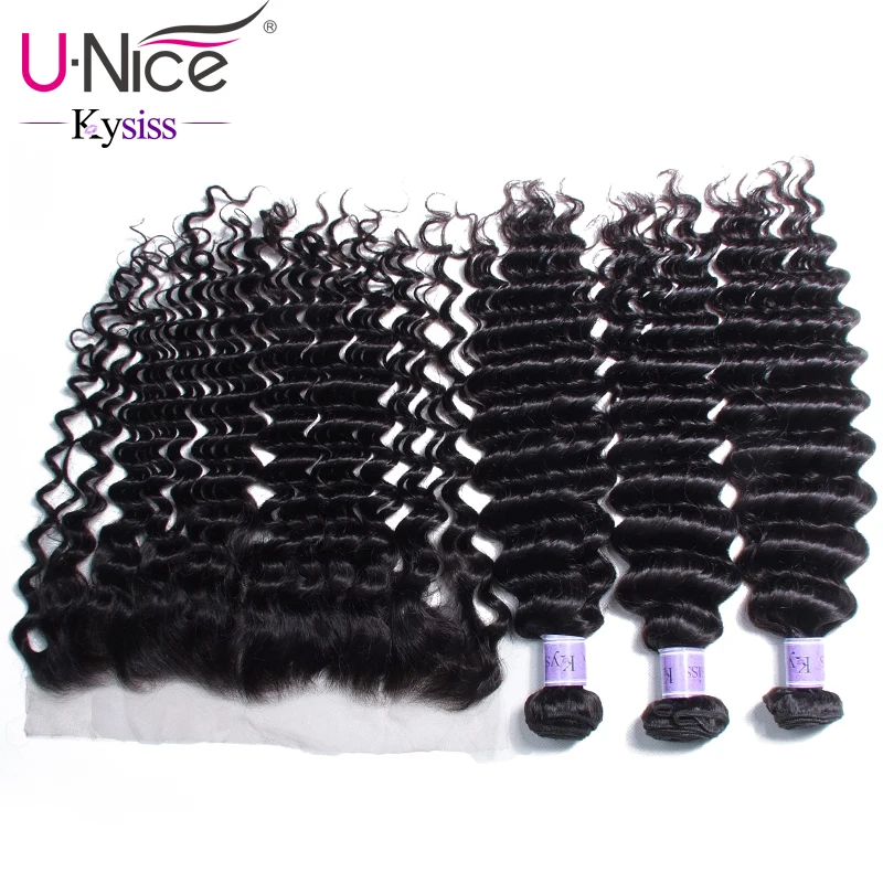 UNice Hair 8A Kysiss Series Malaysian Virgin Bundles With Lace Frontal 4 PCS Deep Wave Human Extension Natural Color | Шиньоны и парики