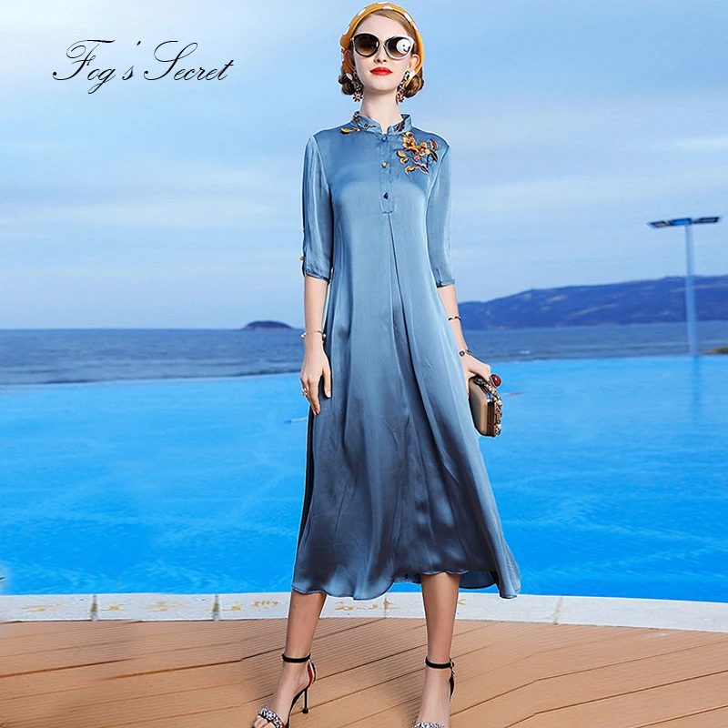 Women Long Dress Loose Elegant Chinese Cheongsam Embroidery Flower Large size Thin For 2019 summer autumn | Женская одежда