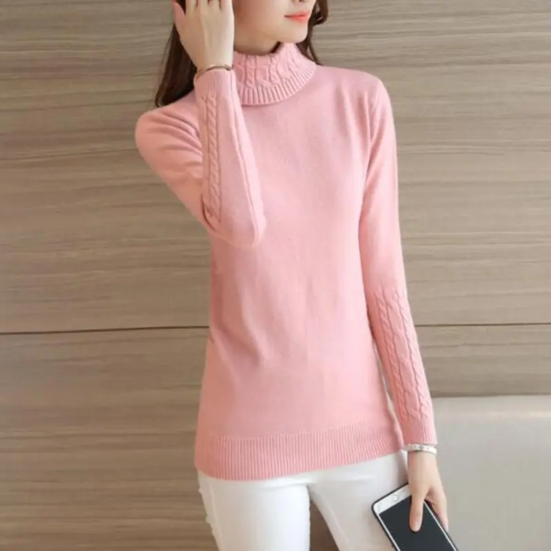 light pink Женский зимний свитер с высоким воротом, новинка, вязаный женский свитер с длинным рукавом и пуловеры, женский джемпер, трико, топы QH0812 - Цвет: light pink