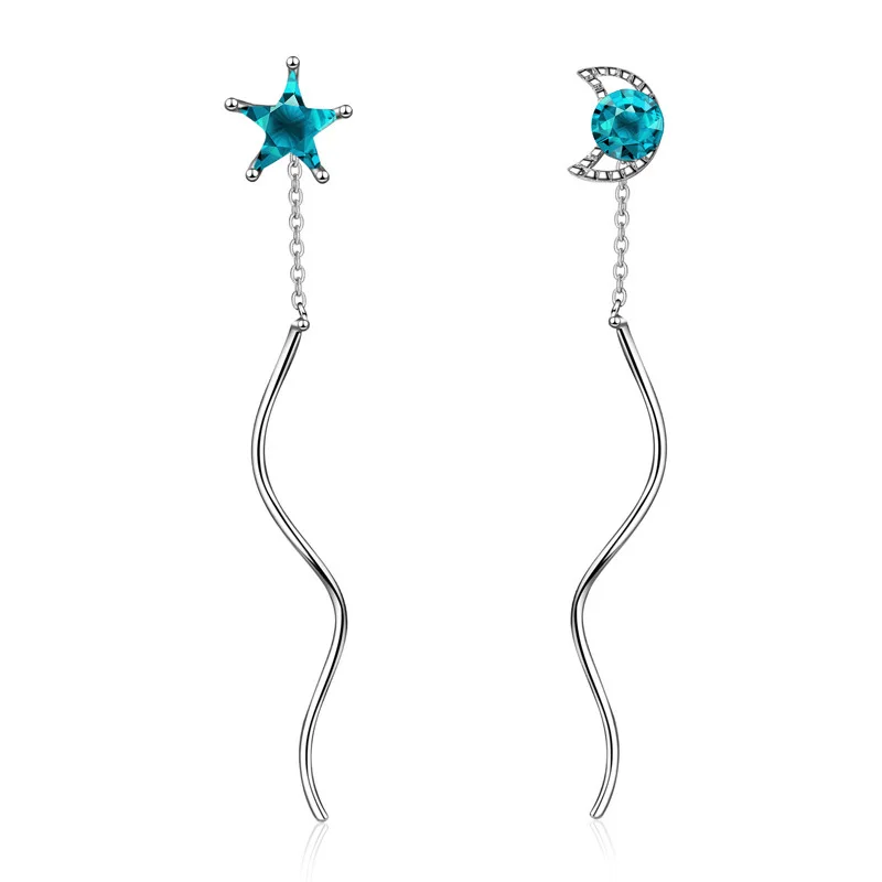 

New arrival fashion asymmetric moon & star blue crystal 925 sterling silver ladies`tassels stud earrings jewelry for women girls