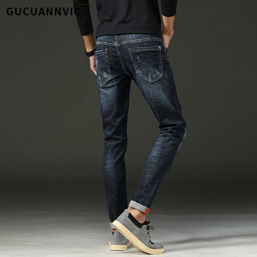 Темно синий Stonewashed модные Повседневные штаны для мужчин личность Ripped Синий