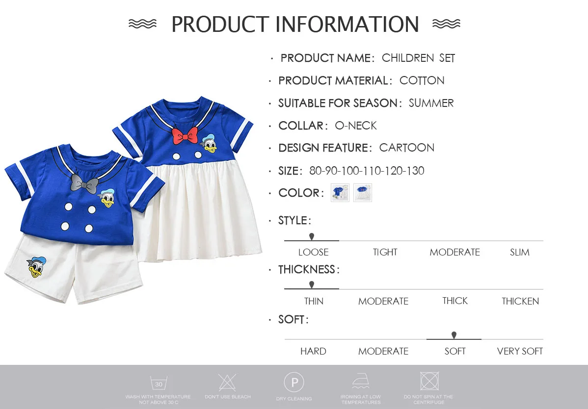 New Boy Clothes Set Summer Cotton Girl Dress Children Donald Duck T-shirt+Shorts Set 2Pcs Boys Girls Cartoon Clothing 1-6T